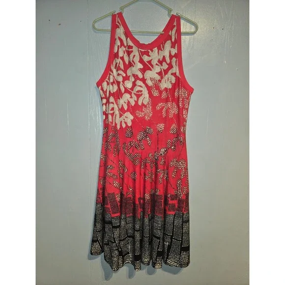 NIC+ZOE Red Floral Geometric Border Knit Sleeveless Fit Flare Dress XL - Picture 2 of 5